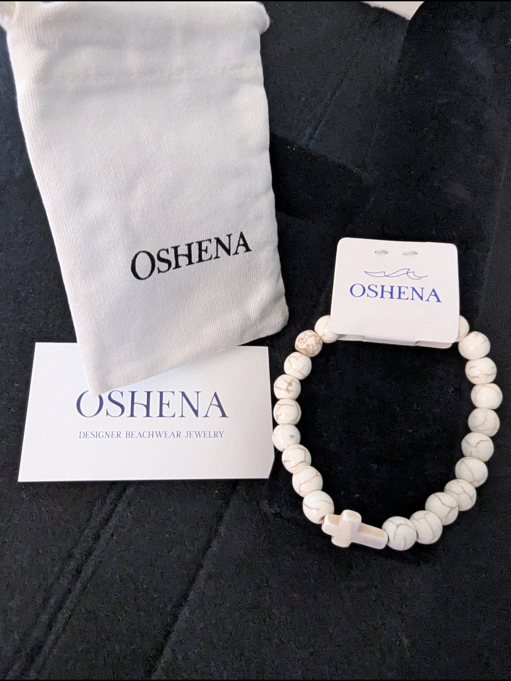 OSHENA Calma White Howlite Cross Beaded Stretch Bracelet NWT